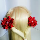Red Satin Flower Hair Ties, Handmade Kanzashi Bobbles, Accessories for Girls
