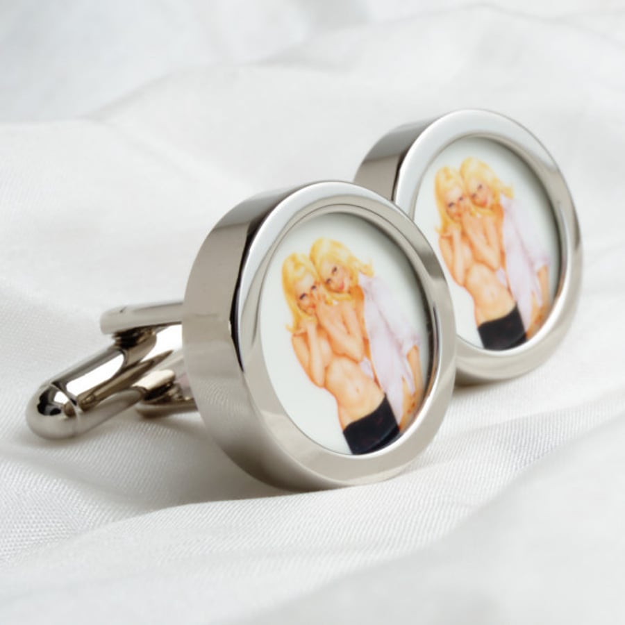 Vintage Nude Pin Up Cufflinks - Two Nudes Double Trouble