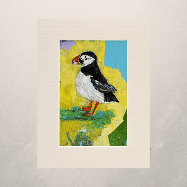 A Mounted Abstract Acrylic Painting Featuring a Puffin. 8 x 6 inches.