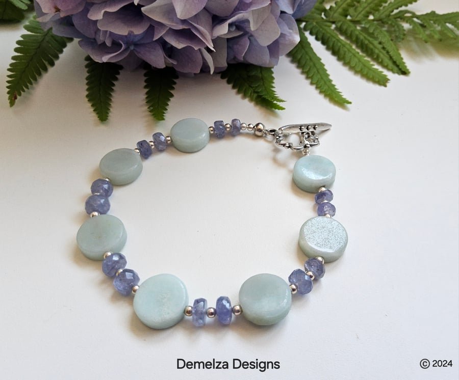 A Grade Tanzanite & Amazonite Sterling & Tibetan Silver Bracelet