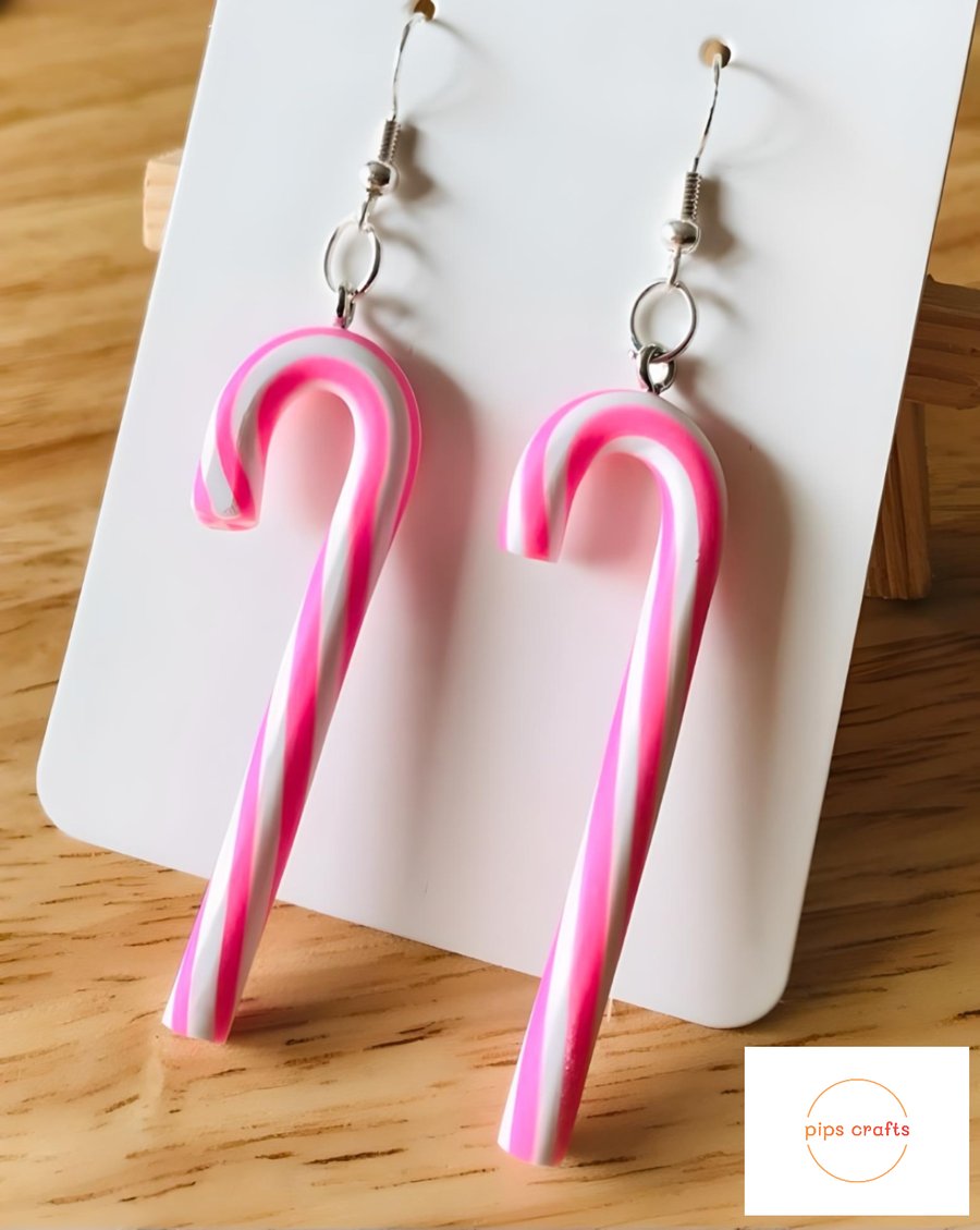 Fun Candy Cane Earrings Pink & White, Quirky Jewellery, Festivals, Christmas