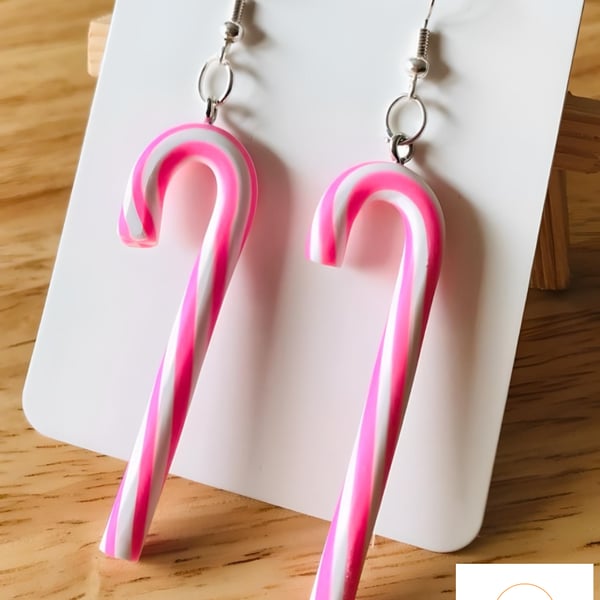 Fun Candy Cane Earrings Pink & White, Quirky Jewellery, Festivals, Christmas