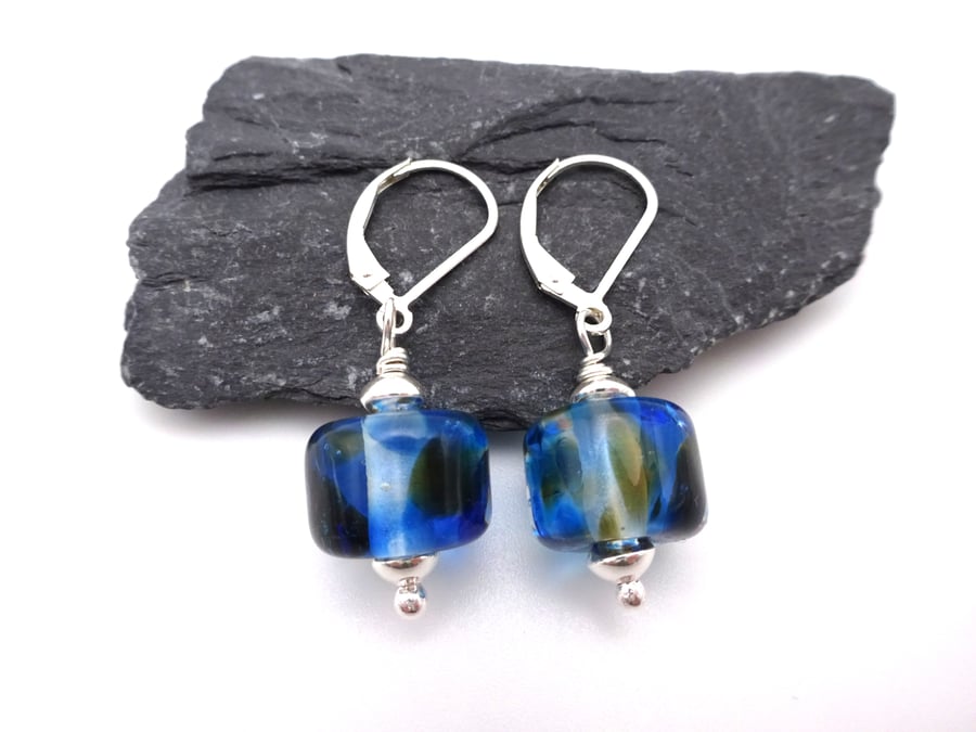 lampwork glass earrings, blue and brown