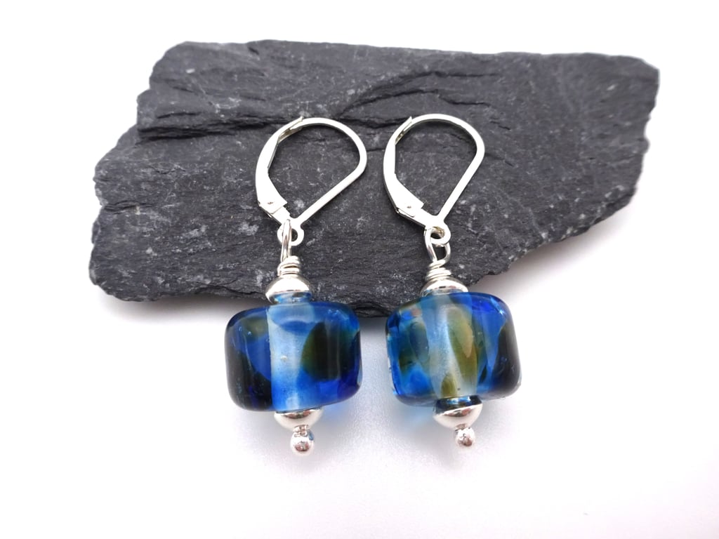 lampwork glass earrings, blue and brown