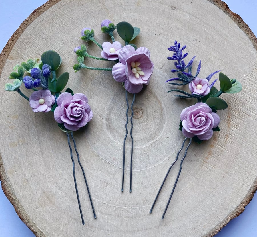 Lilac and Lavender Flower hair pins 