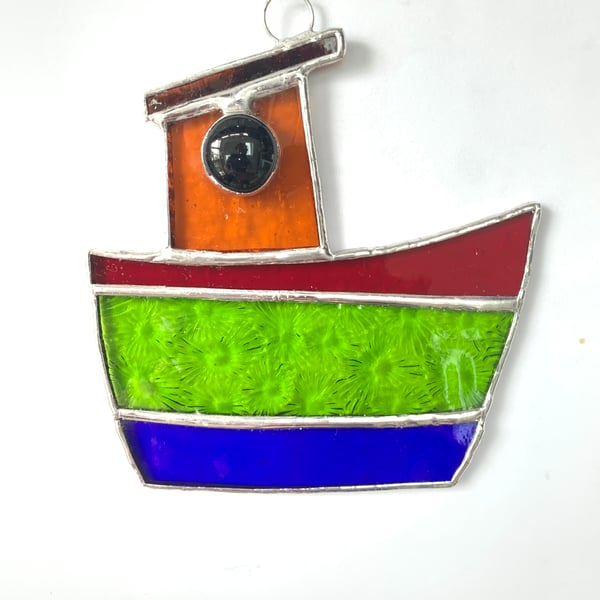Stained Glass Tug Boat Suncatcher - Handmade Window Decoration - Red Lime Blue