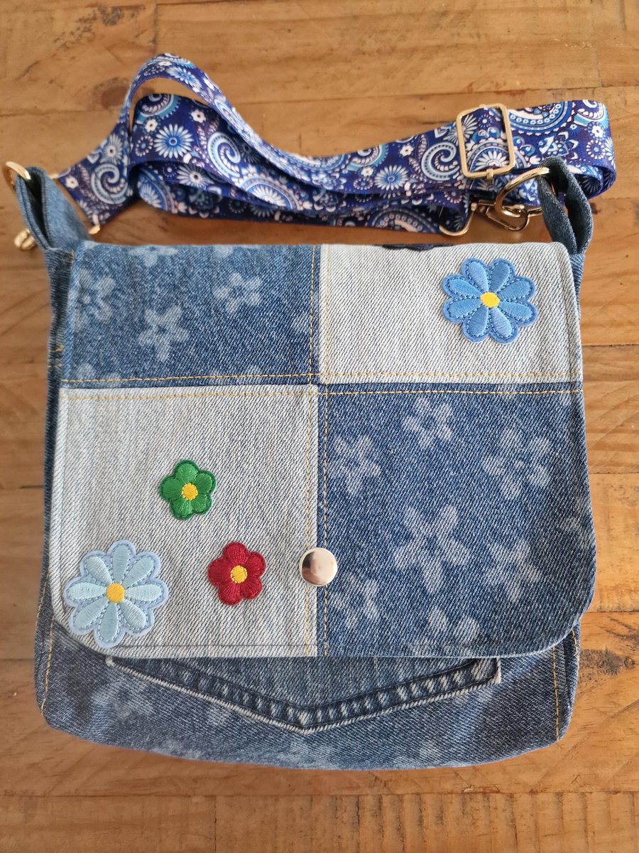 Handmade Upcycled Denim Flower Power Crossbody Bag