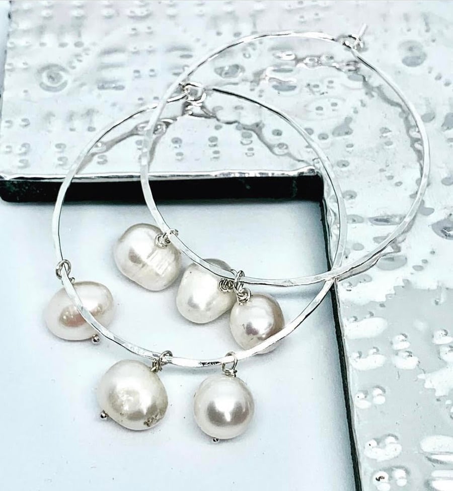 Sterling Silver Pearl Hoops