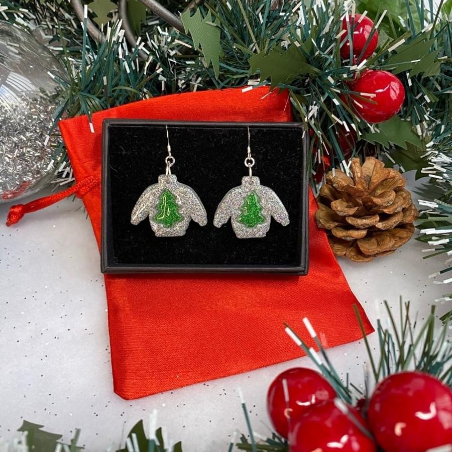 Christmas jumper flitter earrings with tree motif on sterling silver ear wires.