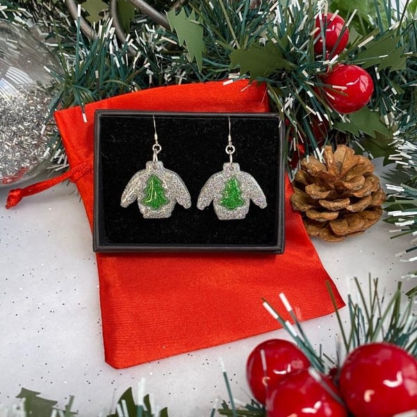 Christmas jumper flitter earrings with tree motif on sterling silver ear wires.