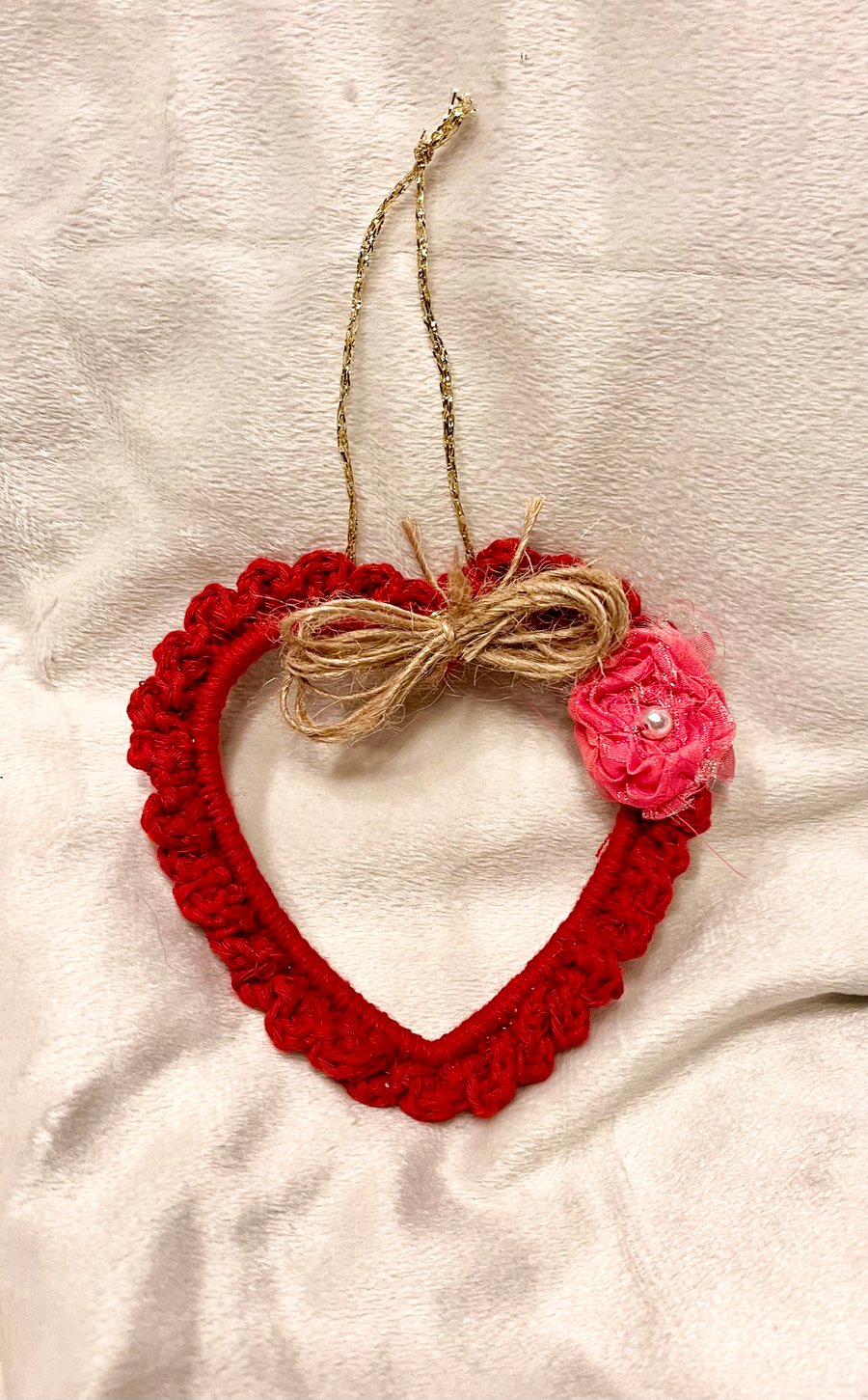 Crochet Hanging Heart with Rose Accent, Love Heart, Mother’s Day