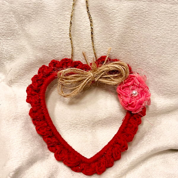 Crochet Hanging Heart with Rose Accent, Love Heart, Mother’s Day