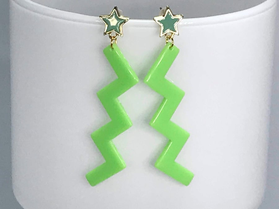 DISCO STAR EARRINGS green blue acrylic ziggy shape funky cool
