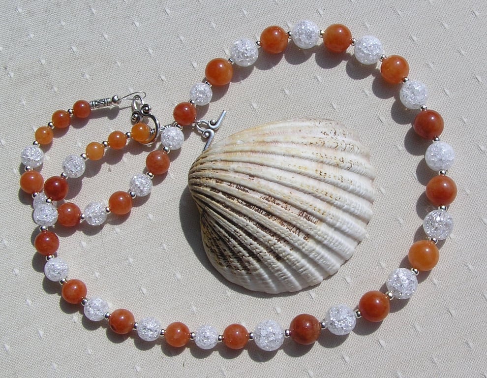 Orange Sunstone & Crackled Clear Quartz Gemstone Beaded Necklace