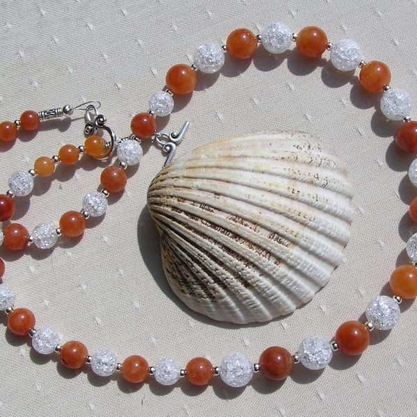 Orange Sunstone & Crackled Clear Quartz Gemstone Beaded Necklace