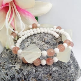 Lemon Jade Raspberry Quartz and Glass Bead Memory Wire Cuff Bracelet, Boho Cuff