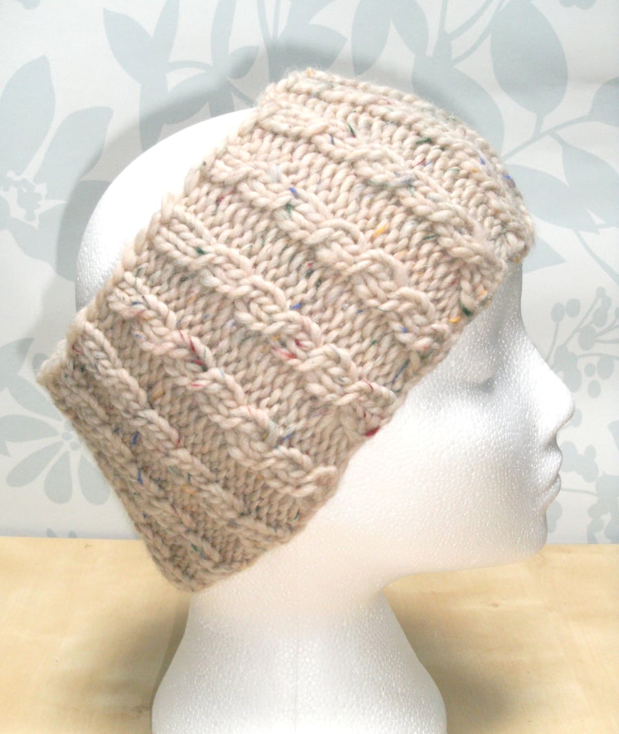 Hand Knitted Cable Merino Headband in Cream M