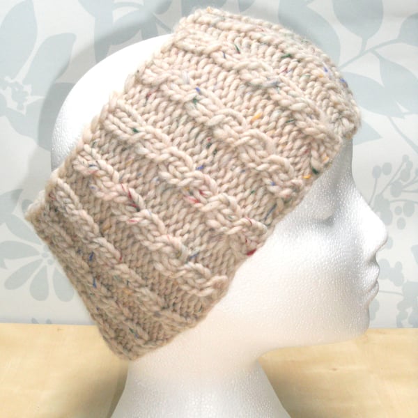 Hand Knitted Cable Merino Headband in Cream M