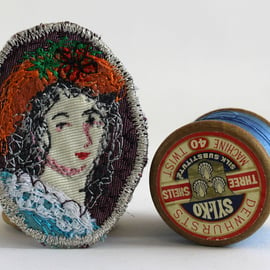 Mini Portrait Textile Art Brooch Gloria