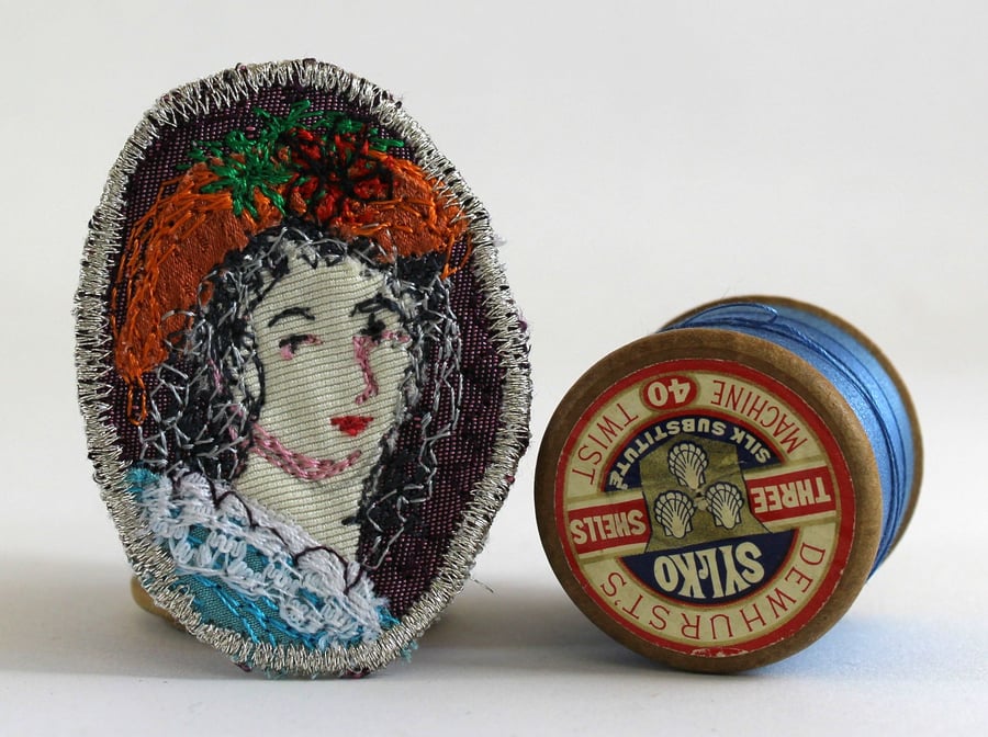 Mini Portrait Textile Art Brooch Gloria