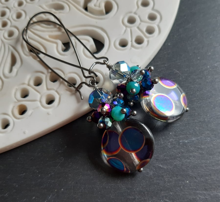 Spotted Czech glass disc crystal cluster earrings