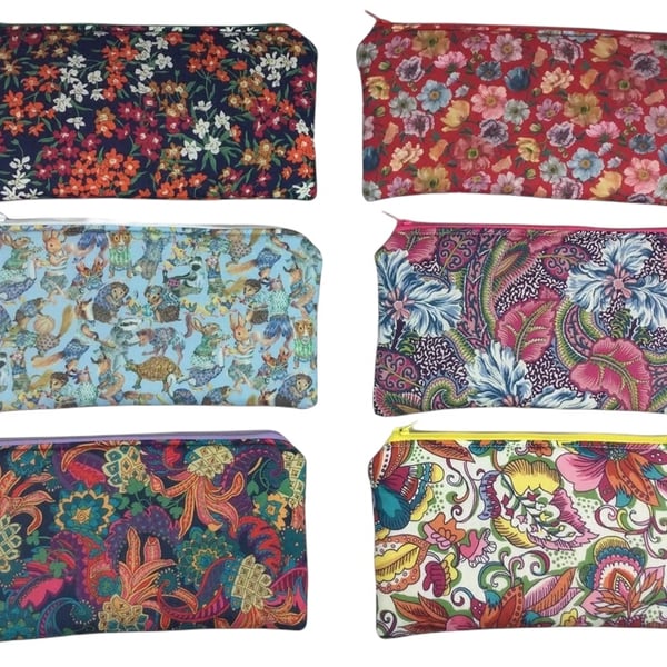 Liberty fabric zip pouch to fit larger phones, floral makeup pouch, pencil case,
