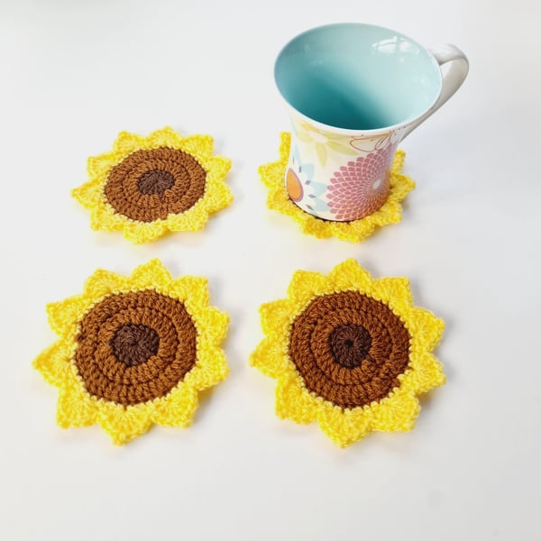 Sunflower Coasters, crochet set of 4 with Storage Pot