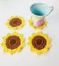 Sunflower Coasters, crochet set of 4 with Storage Pot