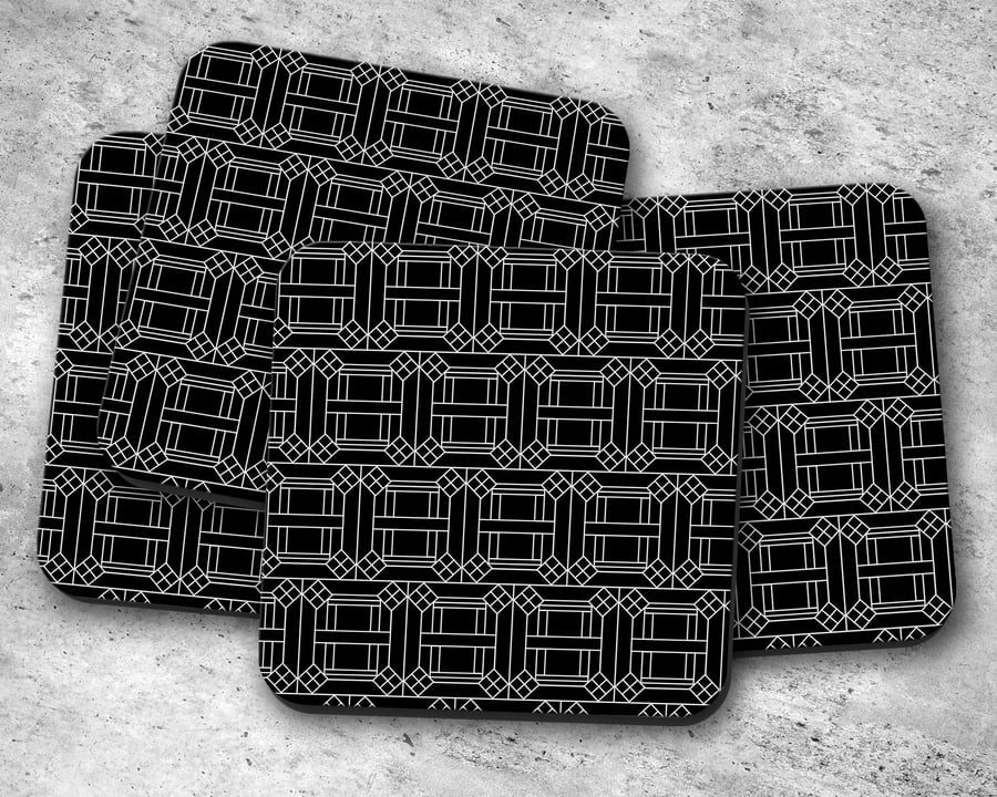 Set of 4 Black with White Geometrical Design Coasters
