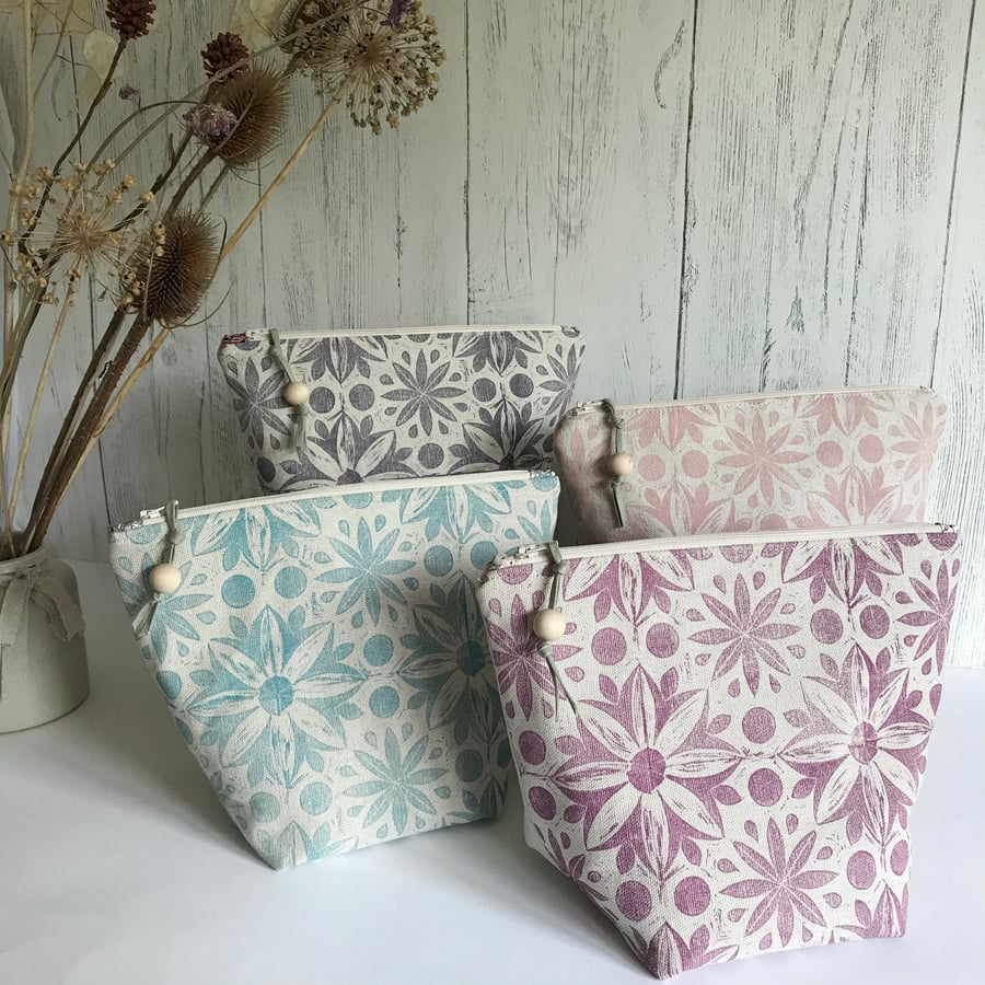 Hand Printed Linen Wash Bag, Toiletry Bag, Accessory Bag