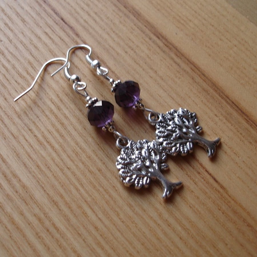 Purple Crystal Tree of Life Charm Bead Earrings Gift for Her Valentines