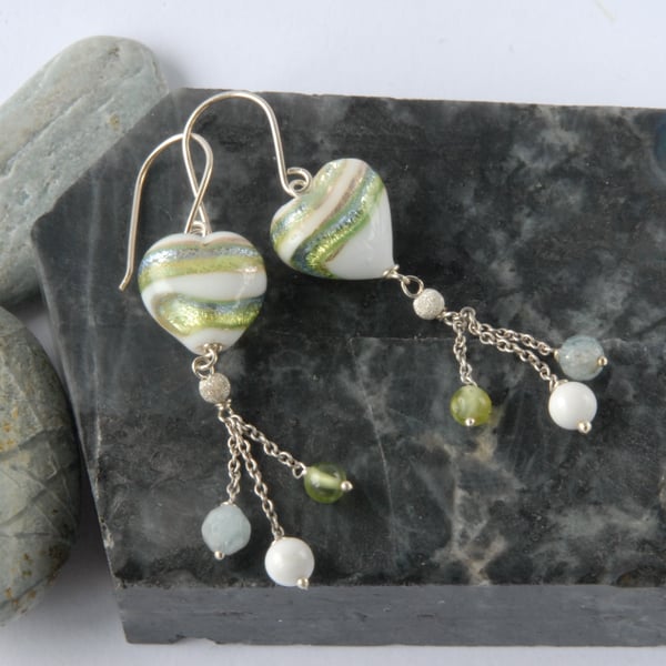 White, green and blue dangly murano heart earrings