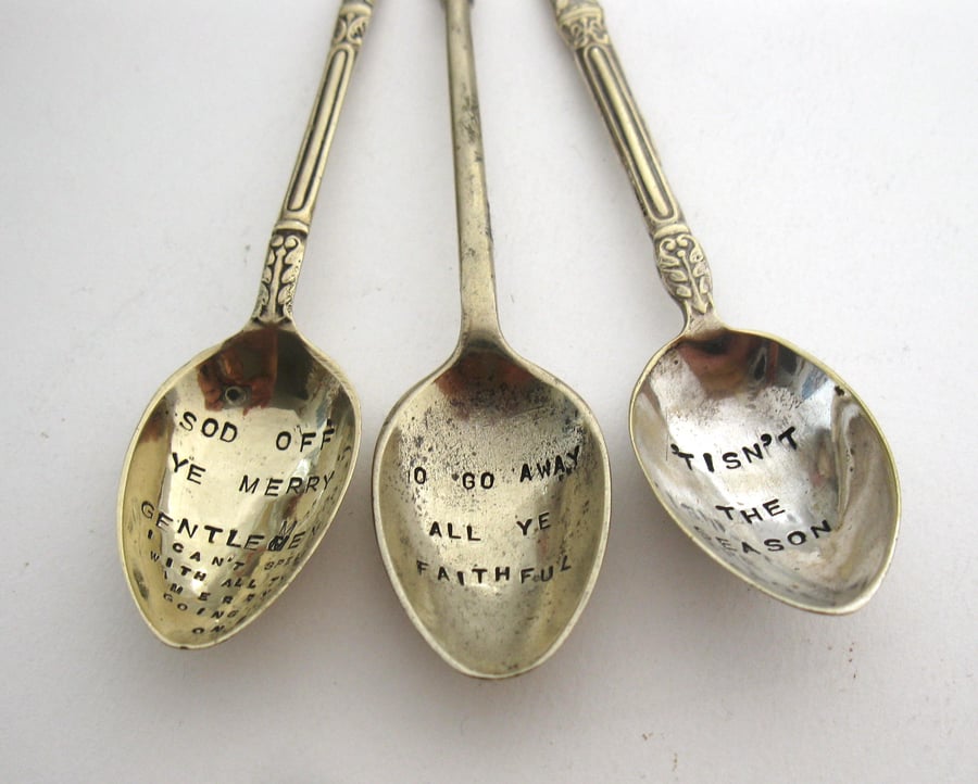 Three Mismatched Un-Festive Apostles, Hand Stamped Xmas Vintage Coffeespoons