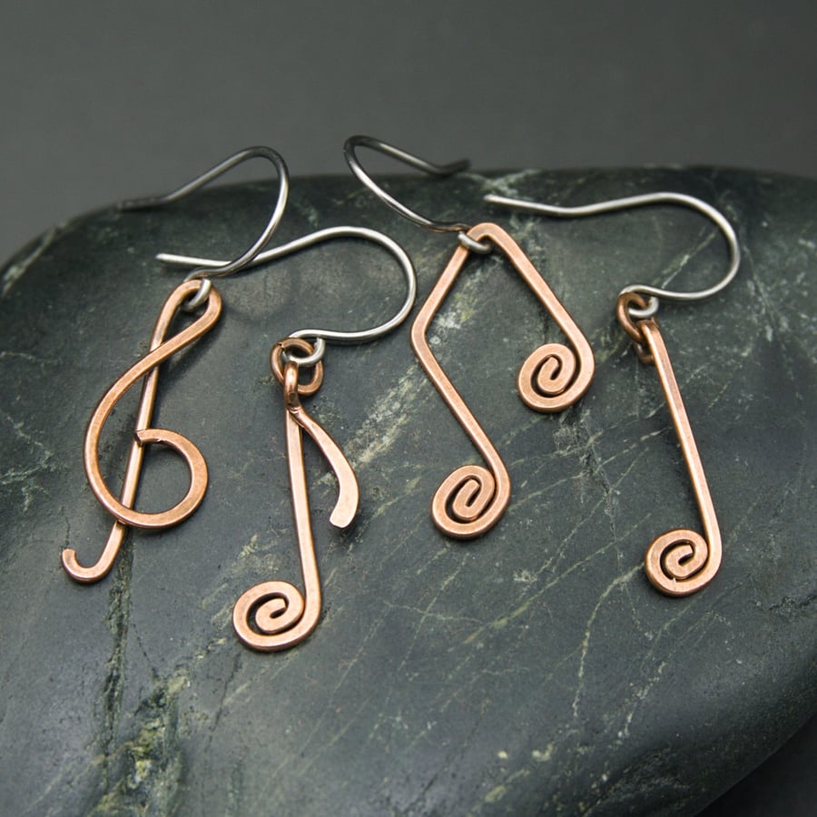 Mis-Matched Musical Notation Earrings - Hammered Copper Earrings