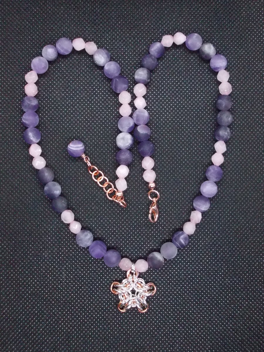 SALE - Frosted amethyst and Rose quartz necklace with chainmaille pendant