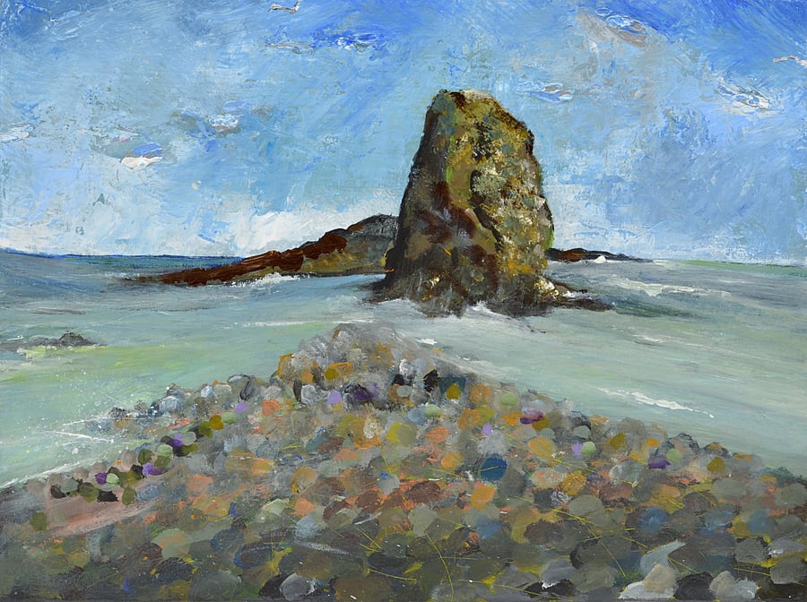 A Modern Painting of Catterline Bay, Scotland. Ready to Hang. 12 x 9 inches.