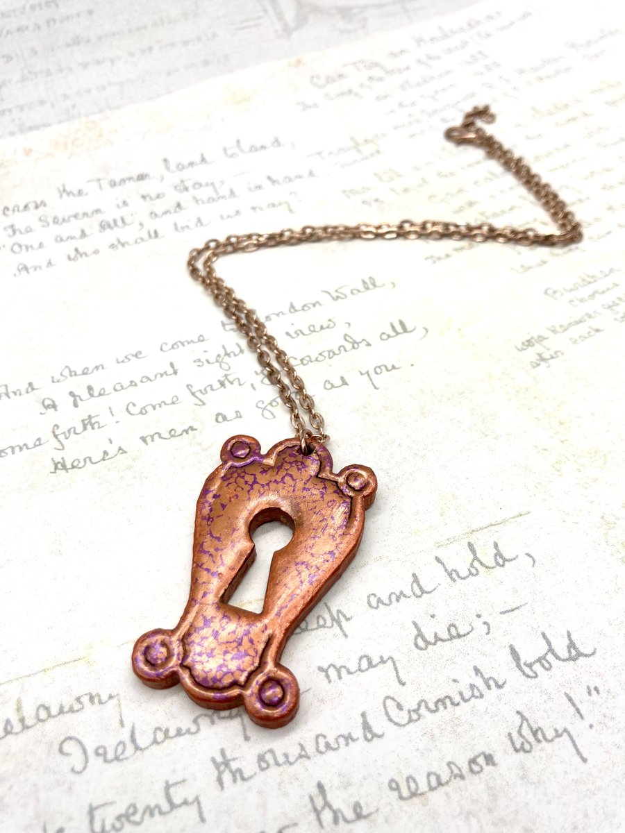 Copper and magenta lock plate pendant steampunk inspired