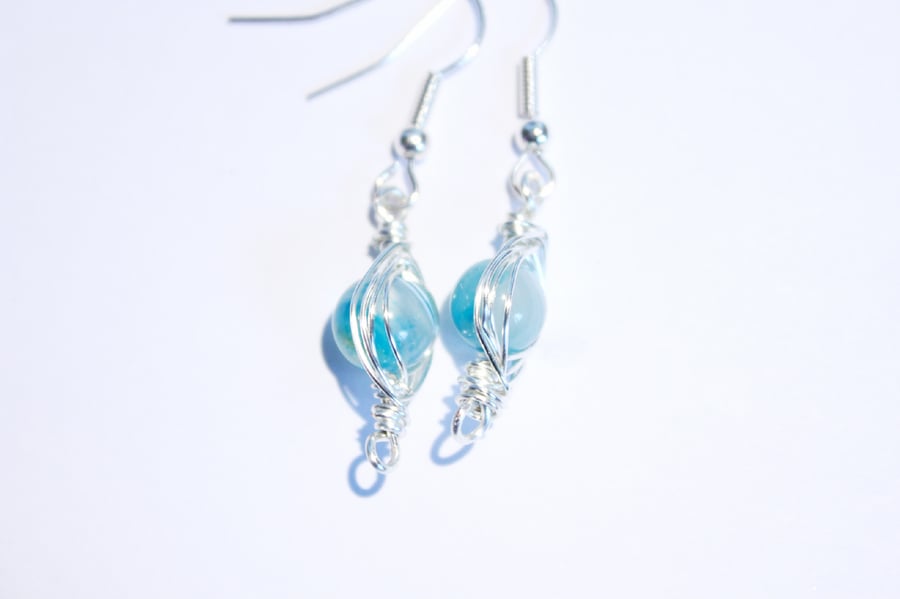 Blue and silver herringbone dangle earrings