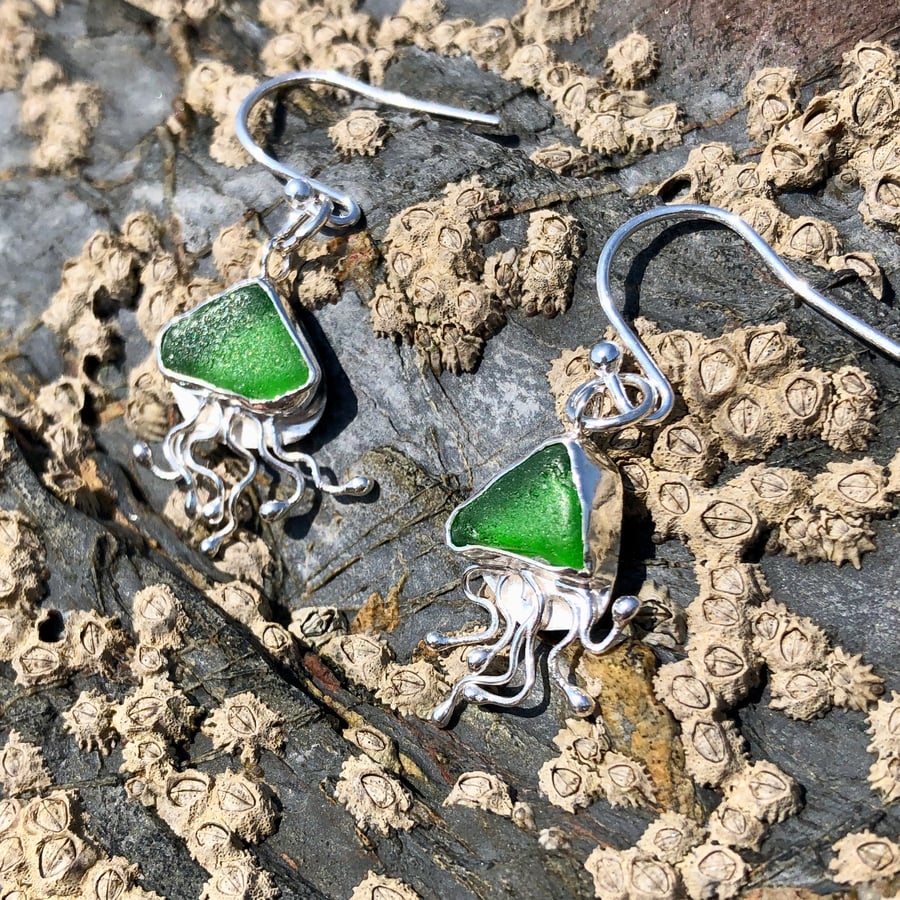 Kelly Green Sea Glass and Sterling Silver Jelly Fish Earrings - 1213