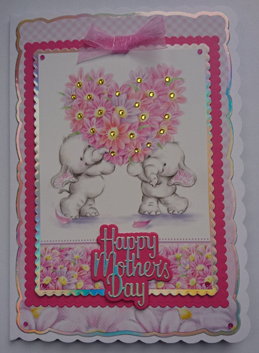 Happy Mother's Day Card Elephants Love Heart Flowers Bouquet