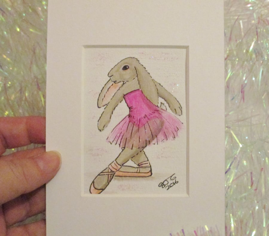 Bunny ACEO Ballet Dancing Bunny Rabbit Original Miniature Painting Ballet Dance