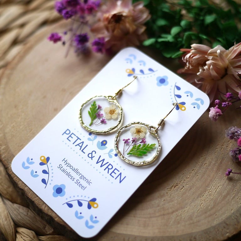 Real Pressed Flowers in Resin and Stainless Steel Drop Earrings