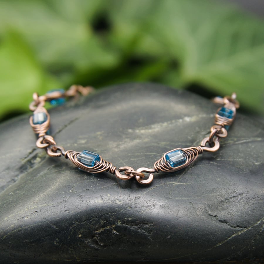 Herringbone Wire Weave Chain Bracelet with Aqua Blue Glass Cube Beads