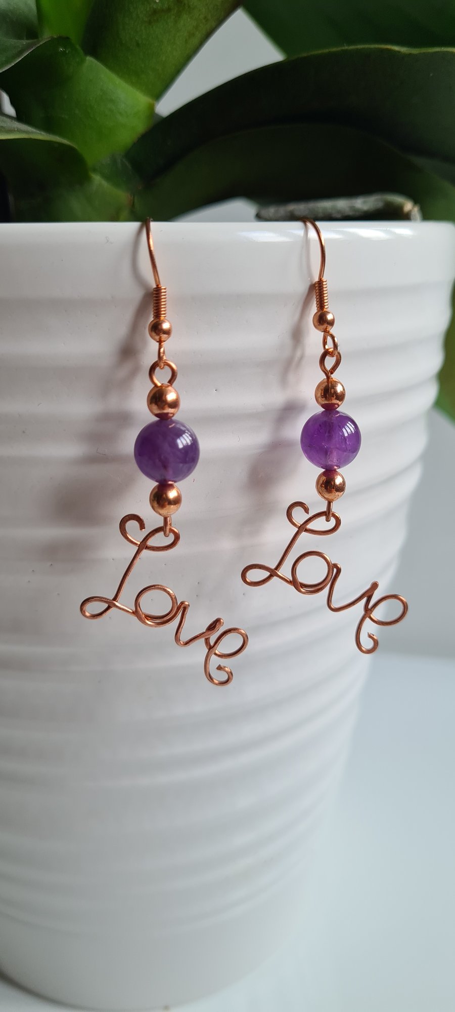 Natural Amethyst & Copper Dangle LOVE  Earrings Gift Crystal Jewellery Jewelry