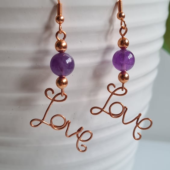 Natural Amethyst & Copper Dangle LOVE  Earrings Gift Crystal Jewellery Jewelry