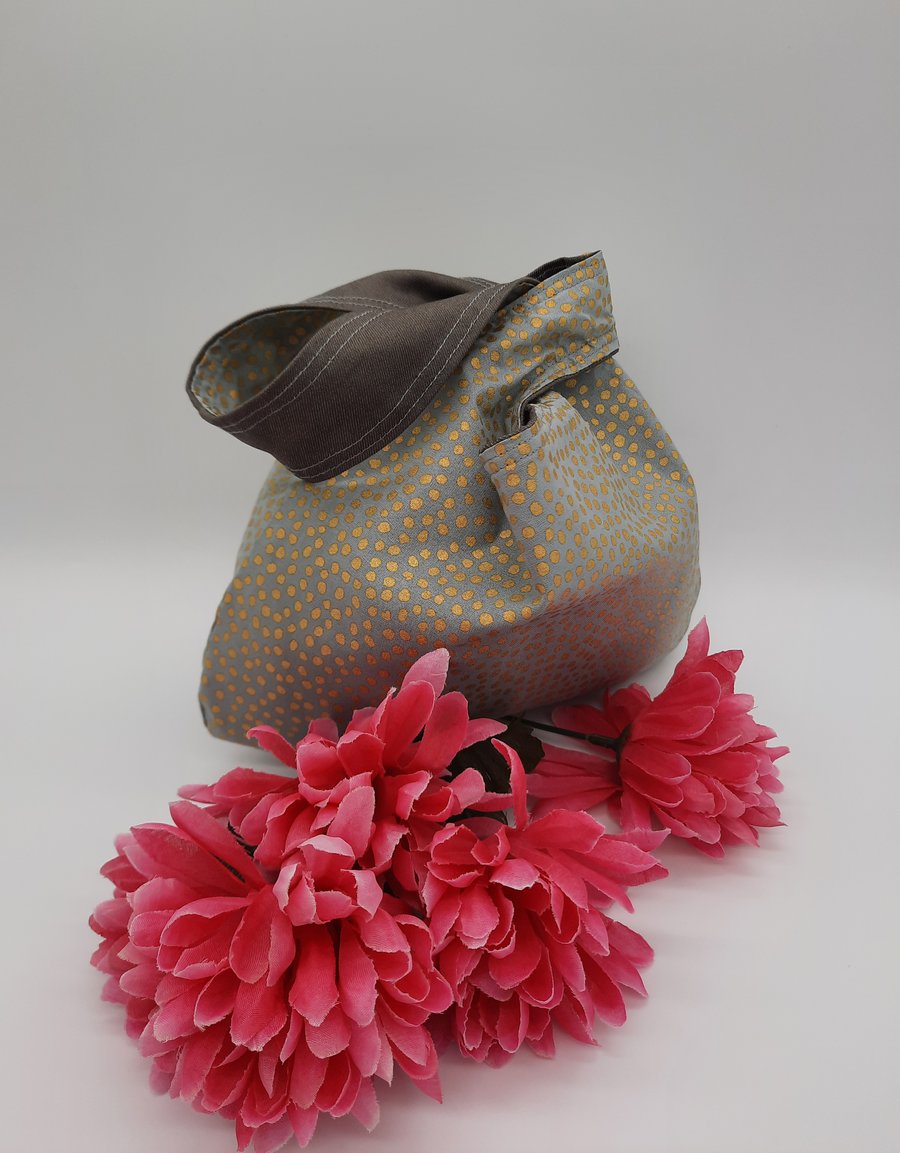 Japanese knot bag, small,  evening bag, handbag,  grey denim, gold dot. 