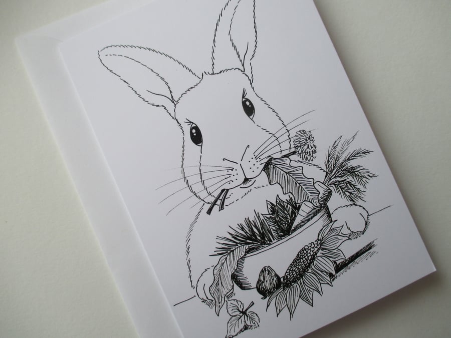 Bunny Rabbit Black & White Monochrome Blank Greetings Card Illustration