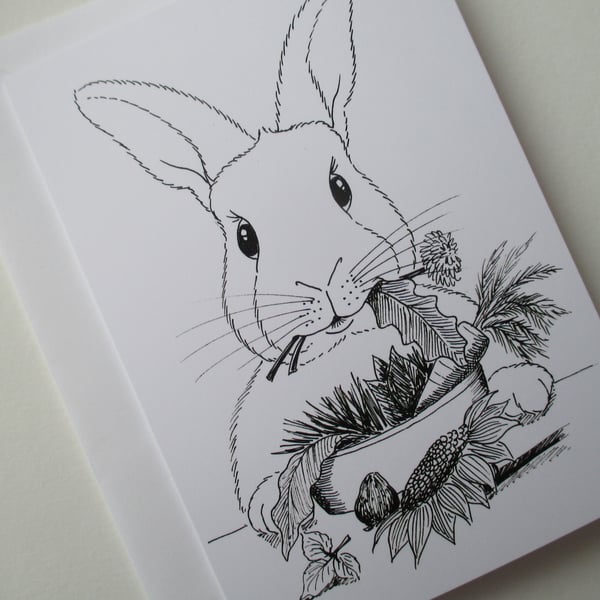 Bunny Rabbit Black & White Monochrome Blank Greetings Card Illustration