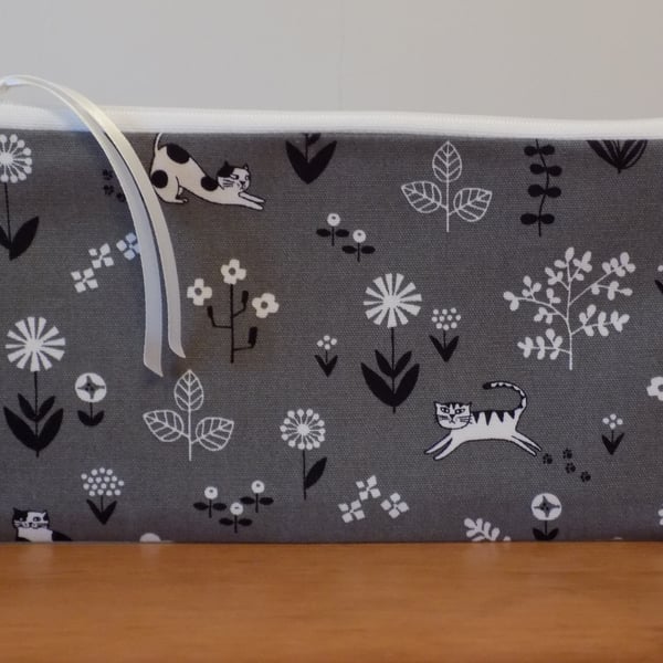 'Grey Cats' Fabric Pencil Case Make Up Bag Cotton Cosmetics Purse