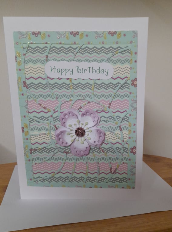 HANDMADE UNIQUE FLOWER DIE CUT BIRTHDAY CARD.